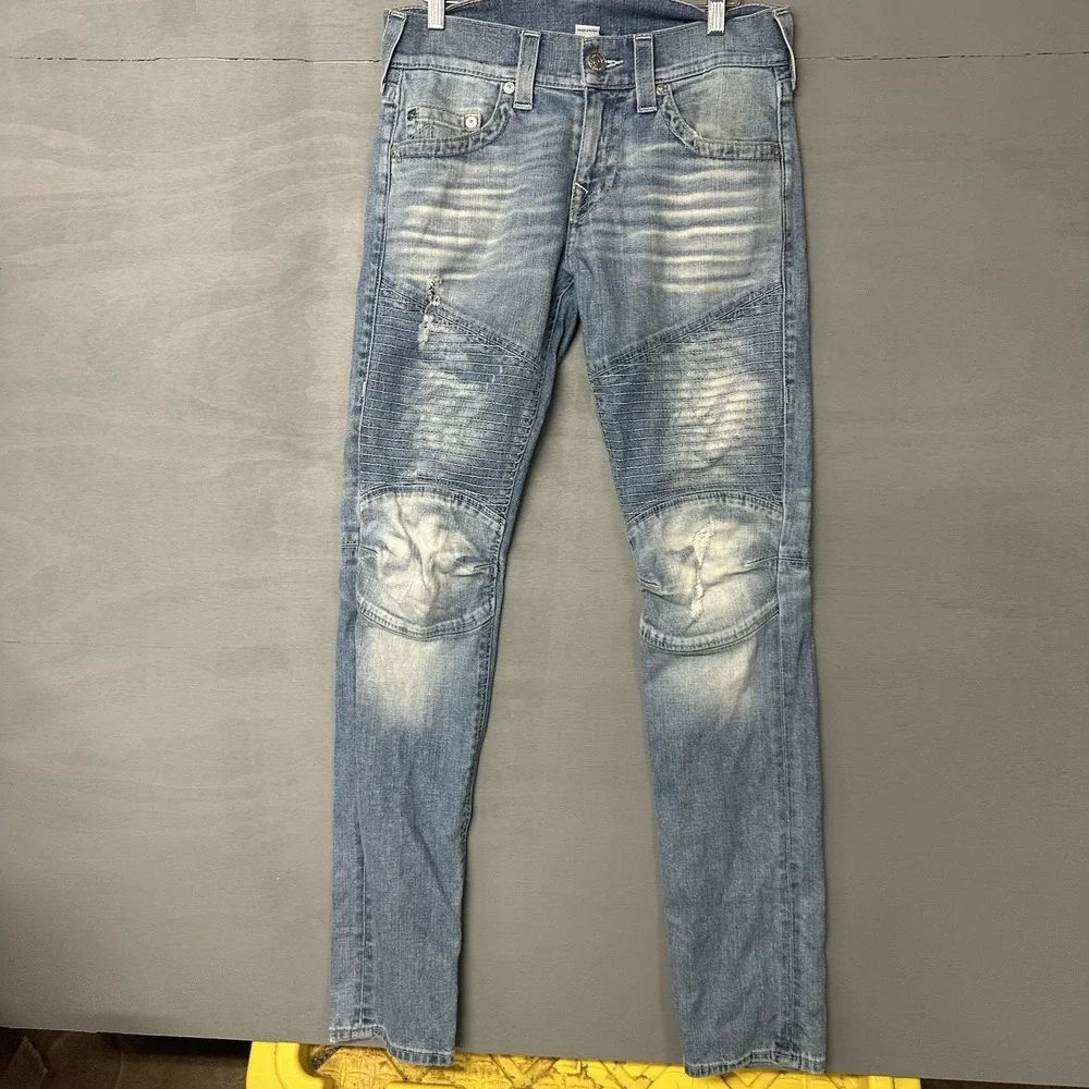True Religion Jeans Mens 29x34 Moto Slim Big T Denim‎ Pants Biker Flap destroyed